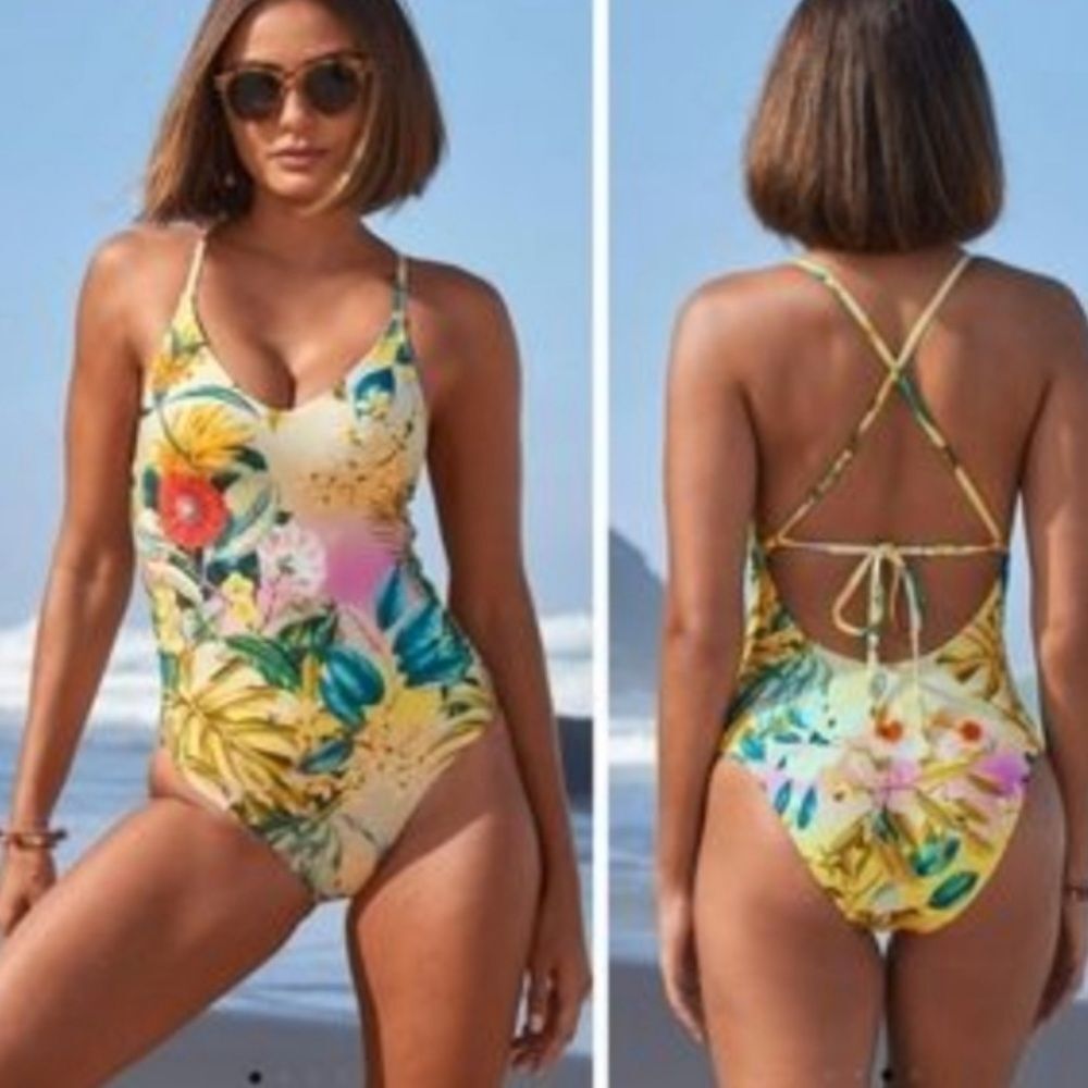 New Anthropologie PilyQ Floral Printed V Neck One Piece Swimsuit
